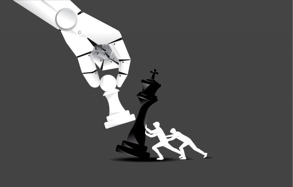 Chess pieces pushed by small paper figures